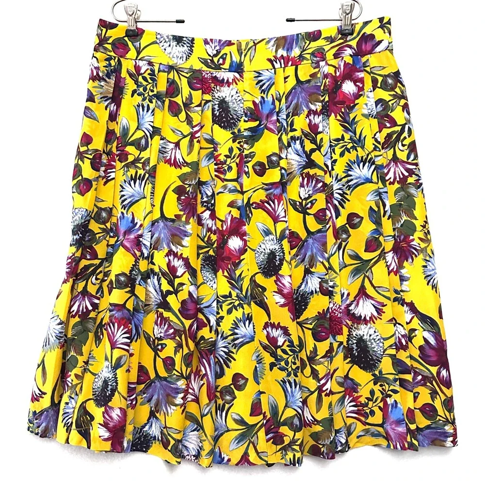 J.Crew Sz 16 Yellow Floral 100% Silk Double Pleated Midi Skirt K2124